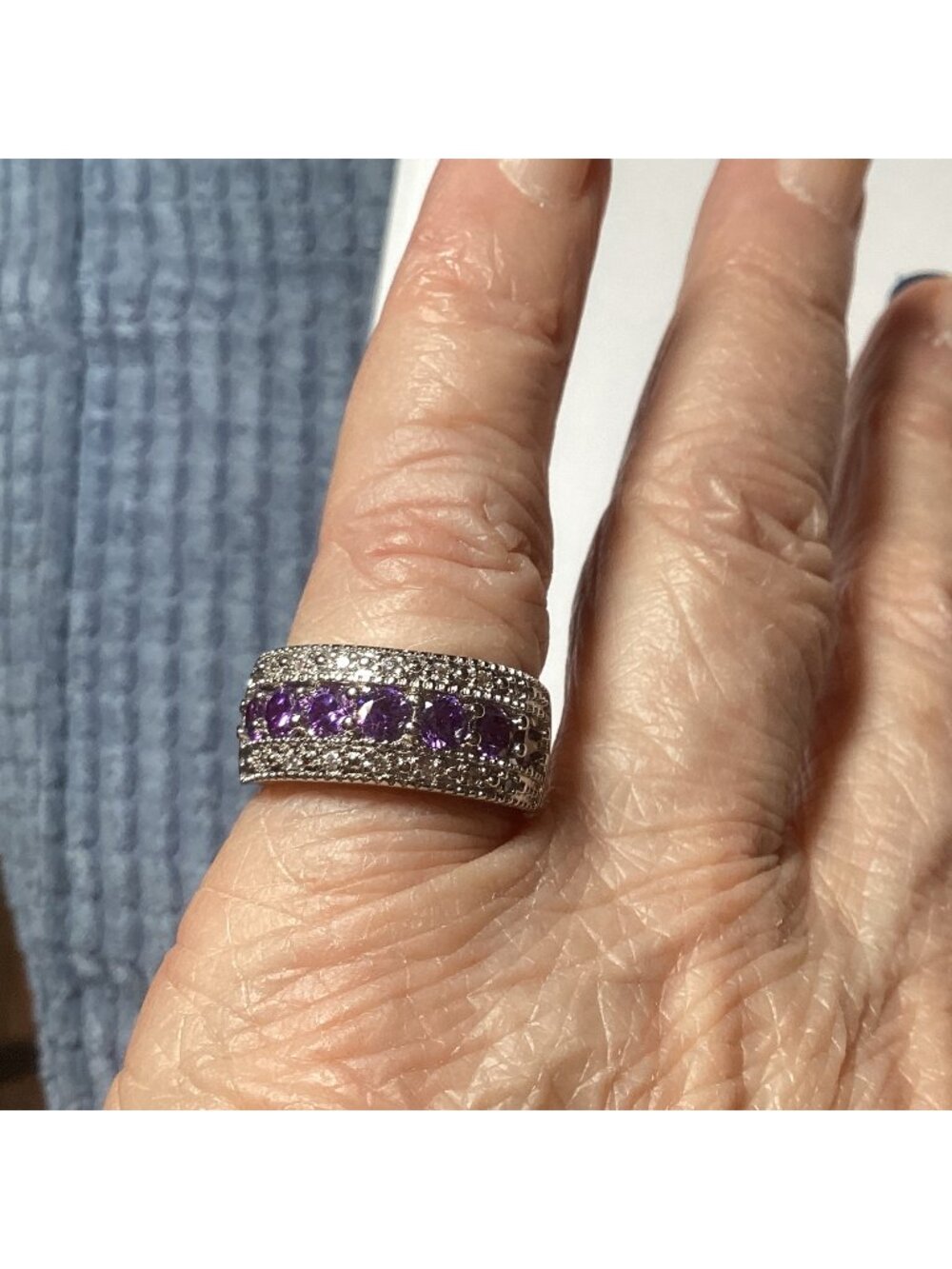 Sterling 925 Silver Wide Band Ring With Seven Amethyst Gemstones Size 6.5 - 7